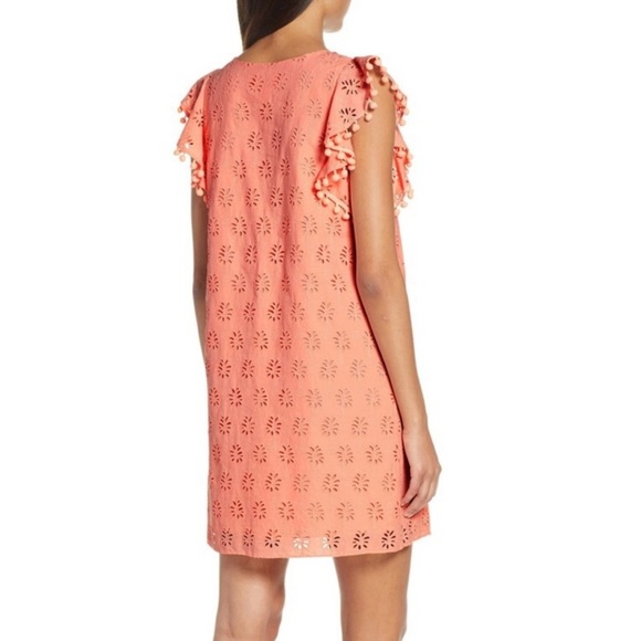 LILLY PULITZER Astara Peach Eyelet Palm Tree Dress w Pom Pom Flutter Sleeves S - Picture 3 of 14